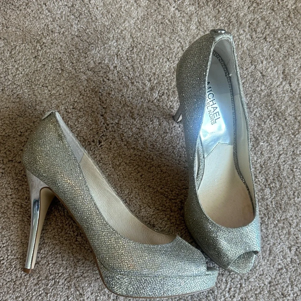 Michael Kors Glittering Silver Peep Toe Heels - Picture 2 of 2